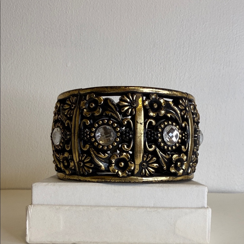 Ornate Gold and Black Floral Hinged Bracelet